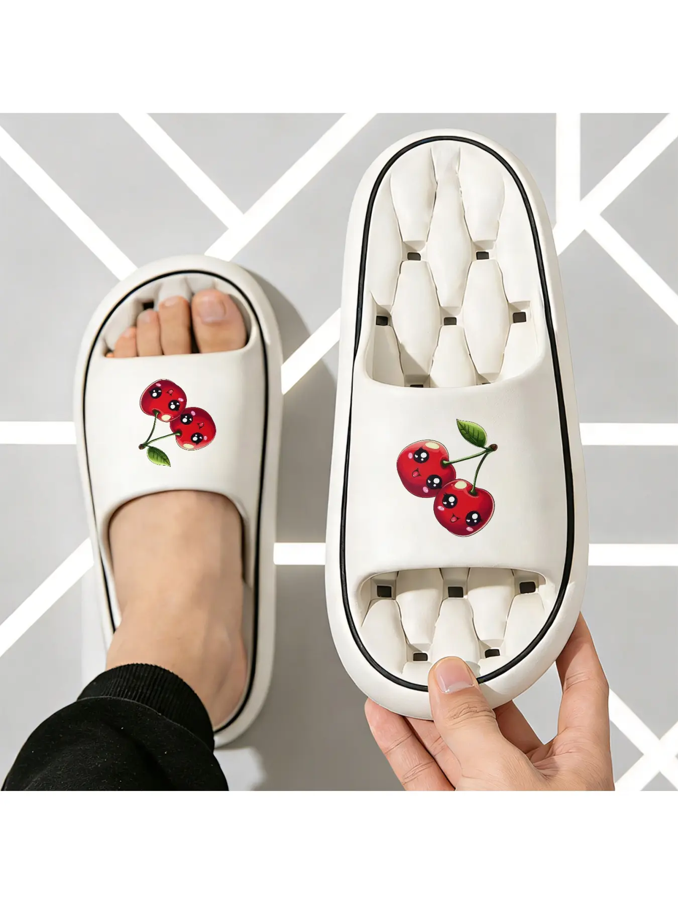 Cute Cherry Pattern Slippers for Women Men Soft Comfortable Non-Slip Indoor Home Shoes Breathable Lightweight Summer Winter Casual Footwear Fashion Cartoon Fruit Design House Slippers