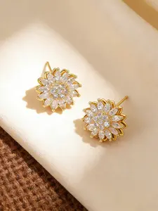 Women's Rotatable 18k Gold Plated Earrings, Sparkling Sunflower Zirconia Studs, 925 Silver Hypoallergenic Christmas Jewelry Gift