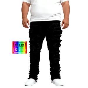 HME-S131 Plus Size Men's Black Heavy-Wear Distressed Ripped Jeans Extra Wide Streetwear Pants Relaxed Stretch Distressed Street-Ready Jeans Casual Unique Washed Denim Pants, PLUS SIZE