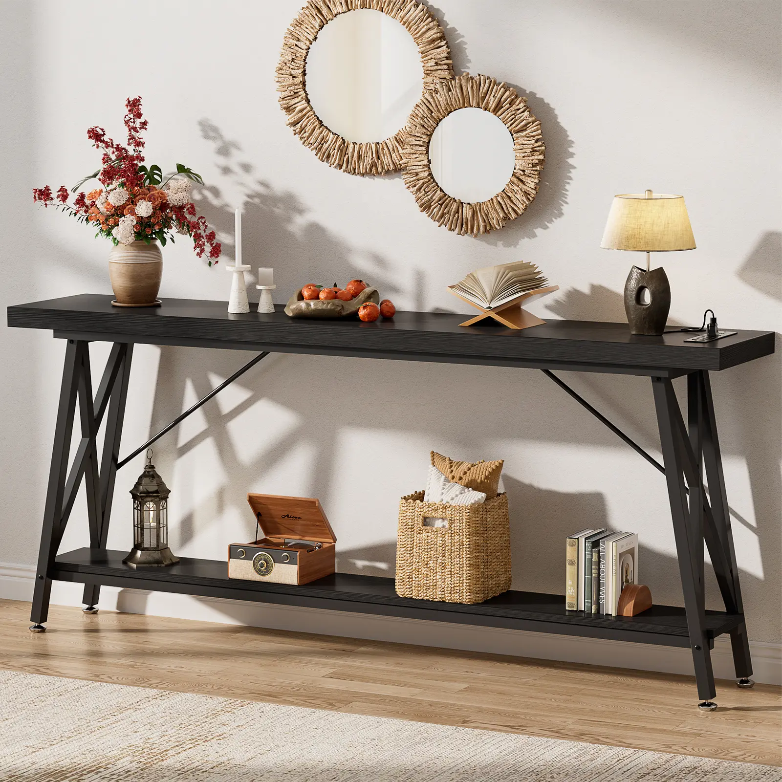 70.9 Inch Extra Long Console Table with Charging Station & Storage Shelf - Industrial Style Sofa Table Behind Couch for Living Room & Entryway