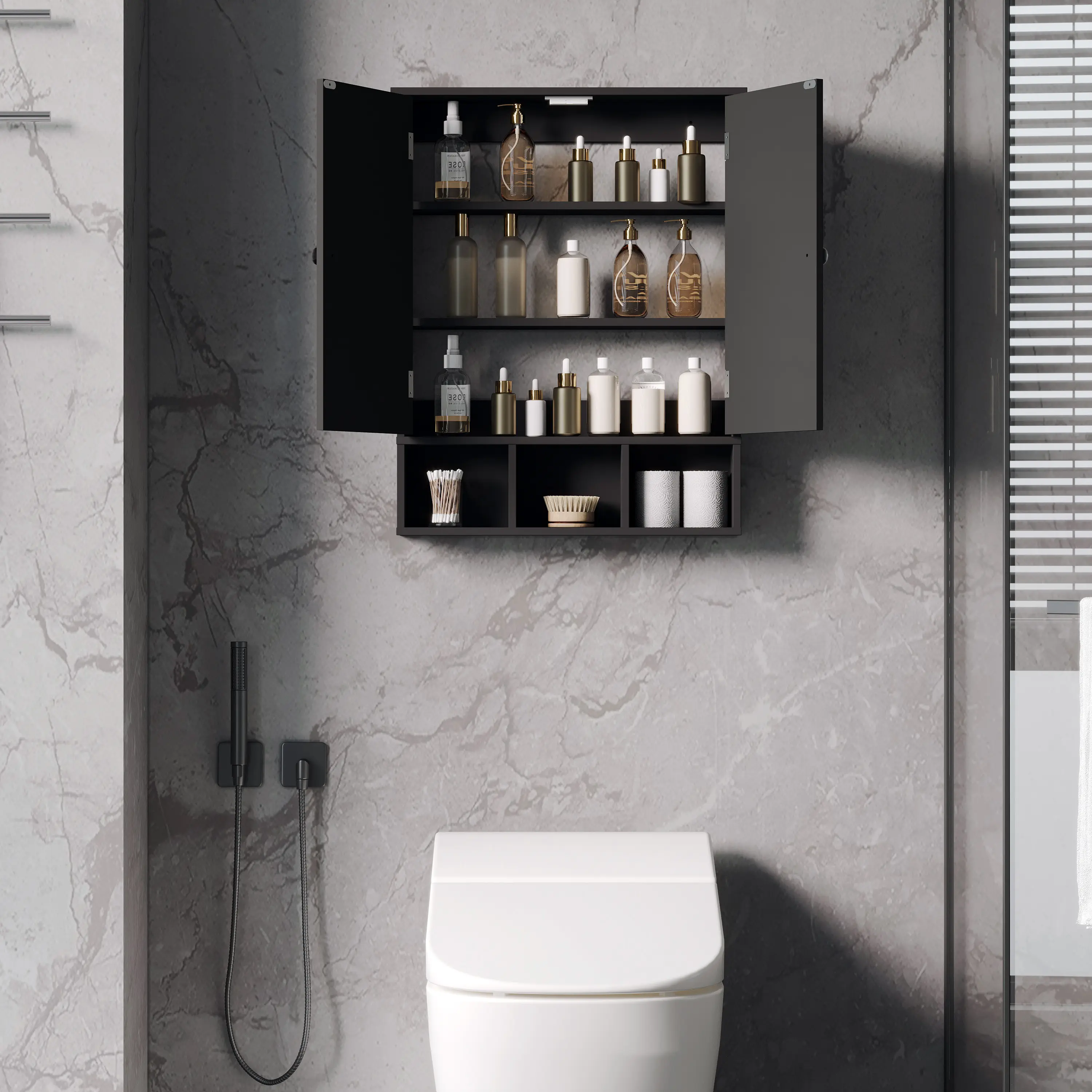 Modern Storage Cabinet - White Over-The-Toilet Wall-Mounted Floating Indoor Cupboard with 2 Doors, Adjustable Shelves, Compact Design for Bathroom Upgrade, Laundry Room