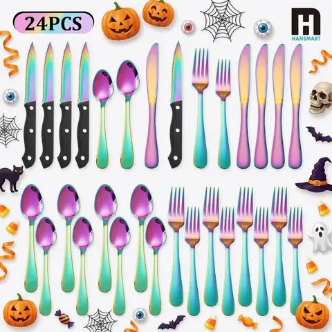 24PCS Modern Stainless Steel Silverware Set with Steak Knife - Rainbow/Rose Gold, Mirror Polished Cutlery for Family Dinner, Holiday Party Setup - Ideal for Home Kitchen, Halloween, Party,  Colorful Stainless Steel Dinner Sets Dishware Set Kitchenware