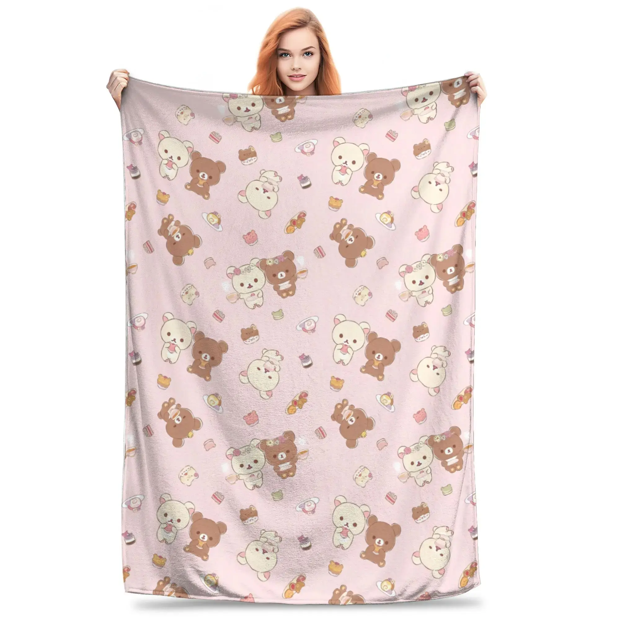 Kawaii Rilakkuma Knitted Flannel Throw Blanket - Figure Print Bedding Accessory, Soft Comfy, Cozy, Summer AC Use, Girl Room Decor, Bedroom Decor, Room Accessories Gift