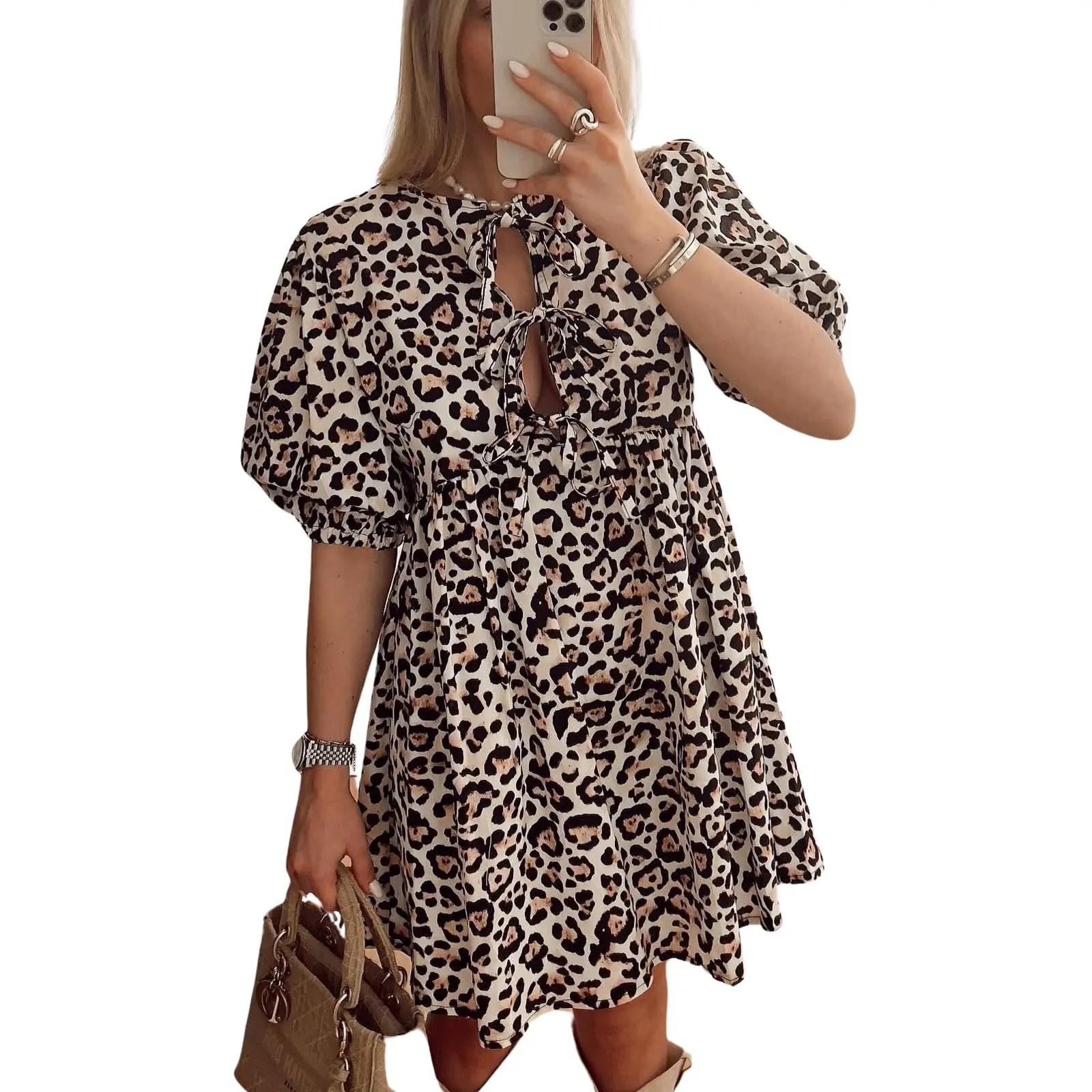 Chouyatou Women's Summer Cute Bow-Tie Mini Dress Y2K Puff-Sleeve Babydoll Dress