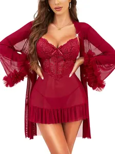 Women's Sexy Lace Underwear Lingerie Set, Low-Cut Cami Dress with Sheer Ruffled Ruffle Robe and Thong Loungewear, Soft Thin Knit Lightweight Breathable Fitted Fabric, All-Season Comfort Nightwear, Lace Trim Nightgown, Lace Babydoll Nightwear