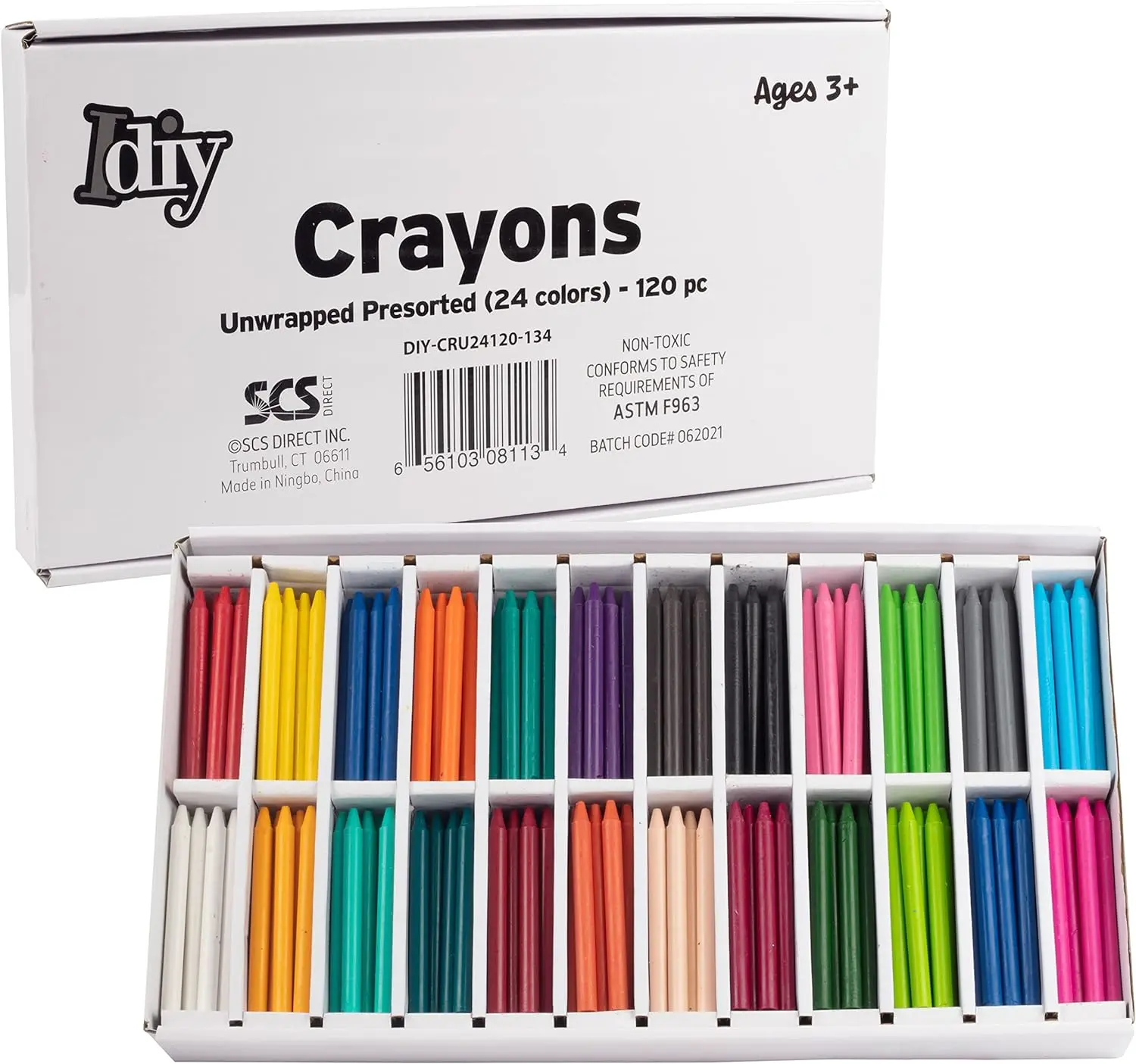 SCS Direct IDIY Unwrapped Bulk Wax Crayons (Pre-sorted 120 ct, 5 each of 24 colors) - No Paper, Safety Tested, For Kids, Teachers, Art Classrooms, School Supplies and Melting Craft Projects