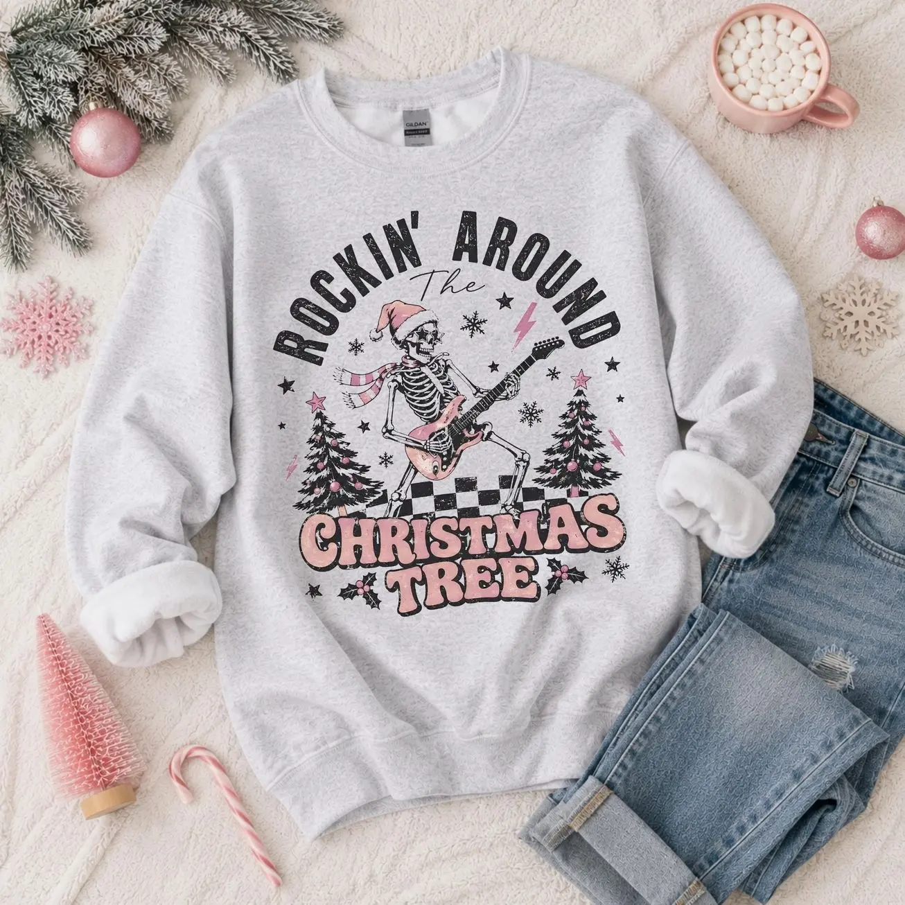 Rockin Around The Christmas Tree Sweatshirt, Retro Christmas Sweater, Pink Santa Skeleton Sweatshirt, Vintage Rock Holiday Crewneck, Cute Aesthetic Pink Xmas Party Outfit, Festive Music Lover Jumper, Trendy Holiday Gift for Women & Men