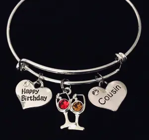 Happy Birthday Cousin Expandable Charm Bracelet Silver Adjustable Bangle Gift Wine Glasses
