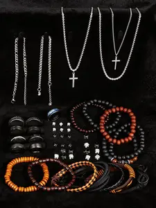 Men's Stainless Steel Jewelry Set, Geometric Pattern Cross Necklace & Leather Beaded Bracelet, Casual Daily Wear Accessories