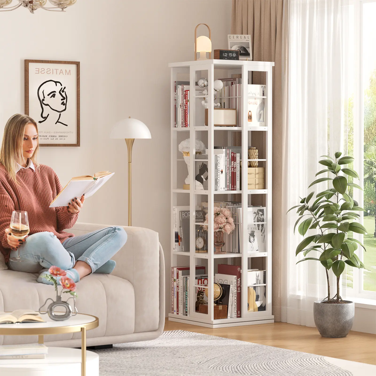 Armocity Rotating Bookshelf, Corner Bookcase, 360 Display Wood Spinning Bookshelves, Floor Standing Bookcase Narrow Shelf, 4 Tiers