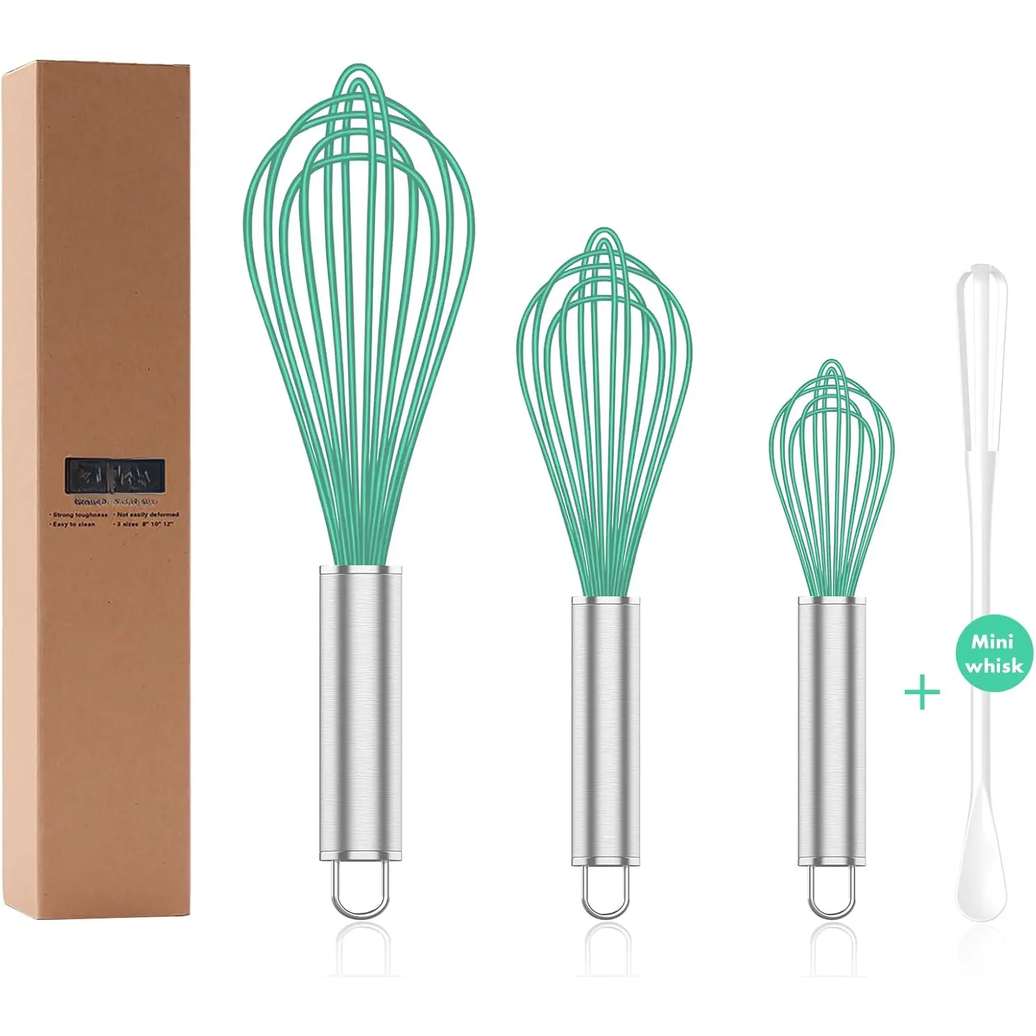 Whisk,Professional  Whisks For Cooking Non Scratch,Stainless Steel &  Wisk,Plastic Rubber Whisk Tool For Nonstick Cookware Pans,Silicon Wisks Set of 3,Aqua.