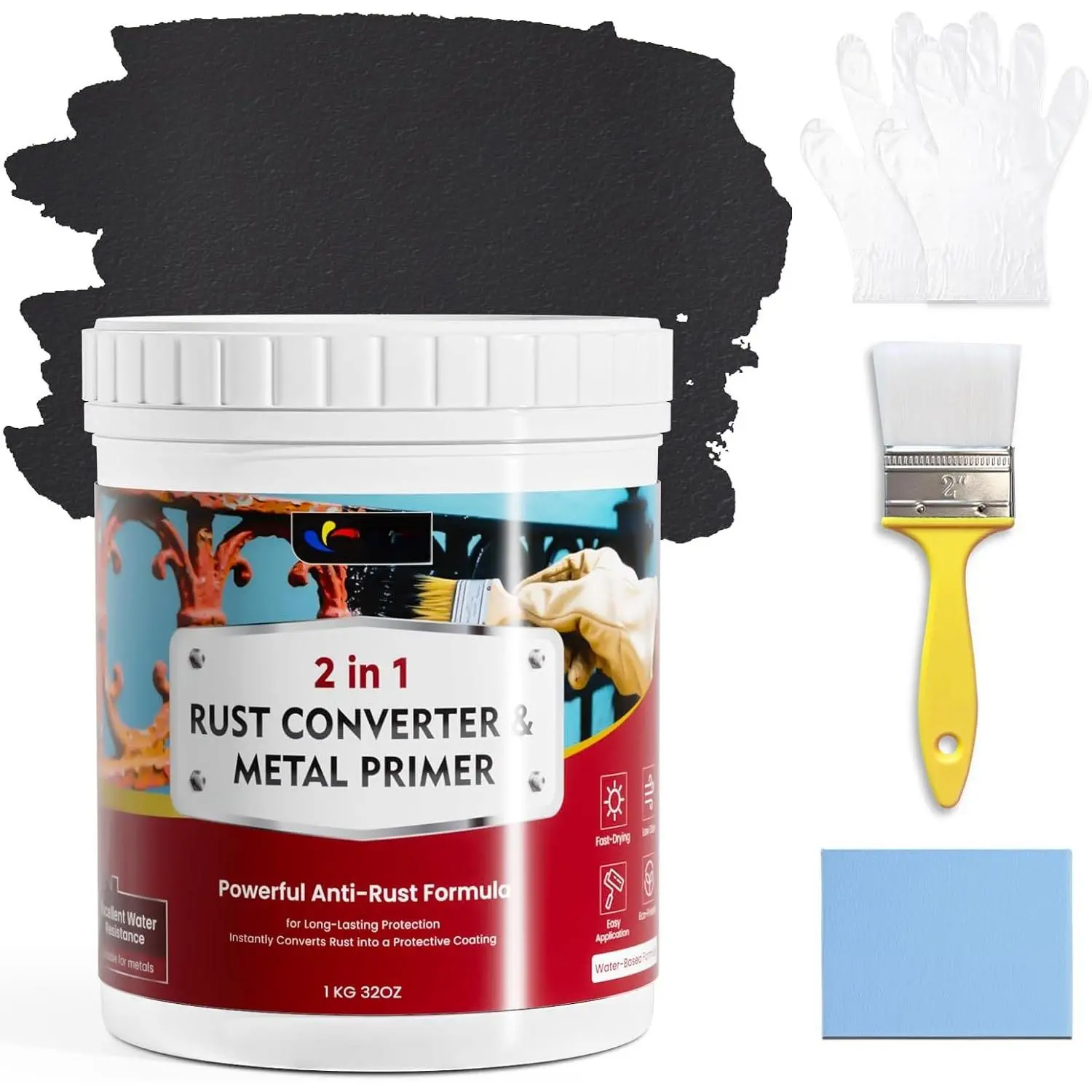 2-in-1 Rust Converter & Metal Primer, Water-Based Rust Inhibitor , Durable Anti-Rust Coating for Indoor & Outdoor Metal, UV & Heat Resistant, Long Lasting Protection (32 Oz, Black)
