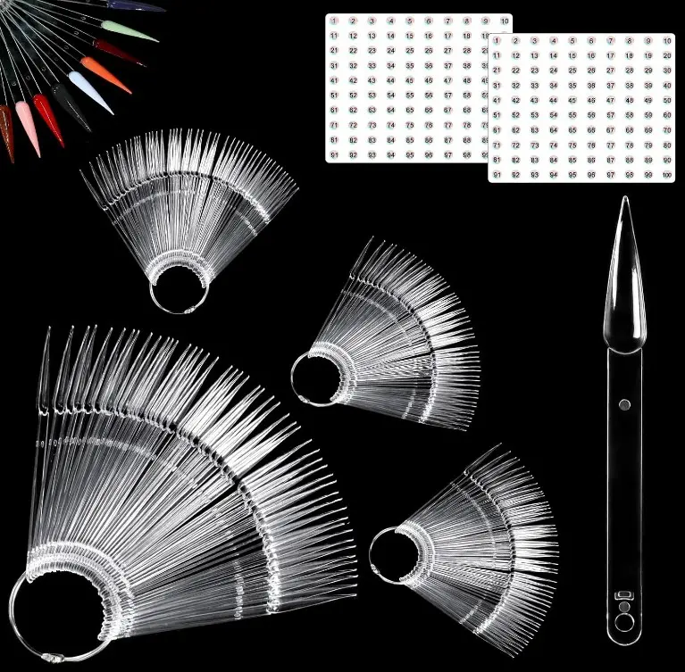 Allstarry 200 Pcs Clear & Natural Nail Swatch Sticks with Ring and Numbered Tips Pointed Shaped Nail Art Polish Display Tips, False Nail Sample Sticks, Sacks of Transparent Nail Practice for Manicure