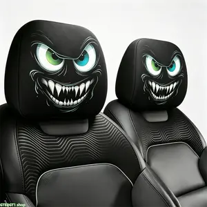 Gothic Monster Grinning Car Headrest Covers 2 PCS, Universal Fit for Cars SUVs Trucks, Breathable Fabric Protector, Spooky Fanged Monster Face Design, Cool Black Gothic Auto Accessories, Easy Install & Washable, Elevate Your Ride with Dark Edgy Vibe