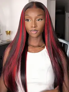 Black Mix Red Highlight Synthetic Lace Front Wigs Straight Natural Hairline Pre Plucked Wigs 13x4 HD Transparent Lace Wig Lace Frontal Wigs for Party Christmas Halloween 28 Inch