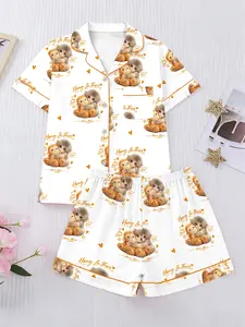 Women's Short Sleeve Monkey Punch Pajama Set, Shirt Collar Design, Elastic Waist Pants, Casual Comfortable Home Sleepwear Loungewear, All Seasons