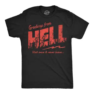 Mens Funny T Shirts Greetings From Hell Sarcastic Halloween Tee For Men Mens Funny T Shirts Cool Vintage Fashion T-Shirt Gift Classic Menswear Halloween Apparel for Men Novelty Tees for Guys Black -