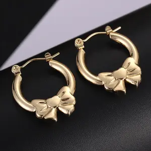 springtok Titanium steel earrings, golden bow round earrings, pierced ears, ladies daily wear gift