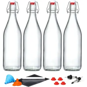 4 Pack [1 Liter / 33 fl. oz.] Swing Top Glass Bottles w/Airtight Stopper  - Flip Top Brewing Bottle for Fermentation, Kombucha, , Vinegar, , Kefir,  - With 4 Extra Seals & 2 Pourers