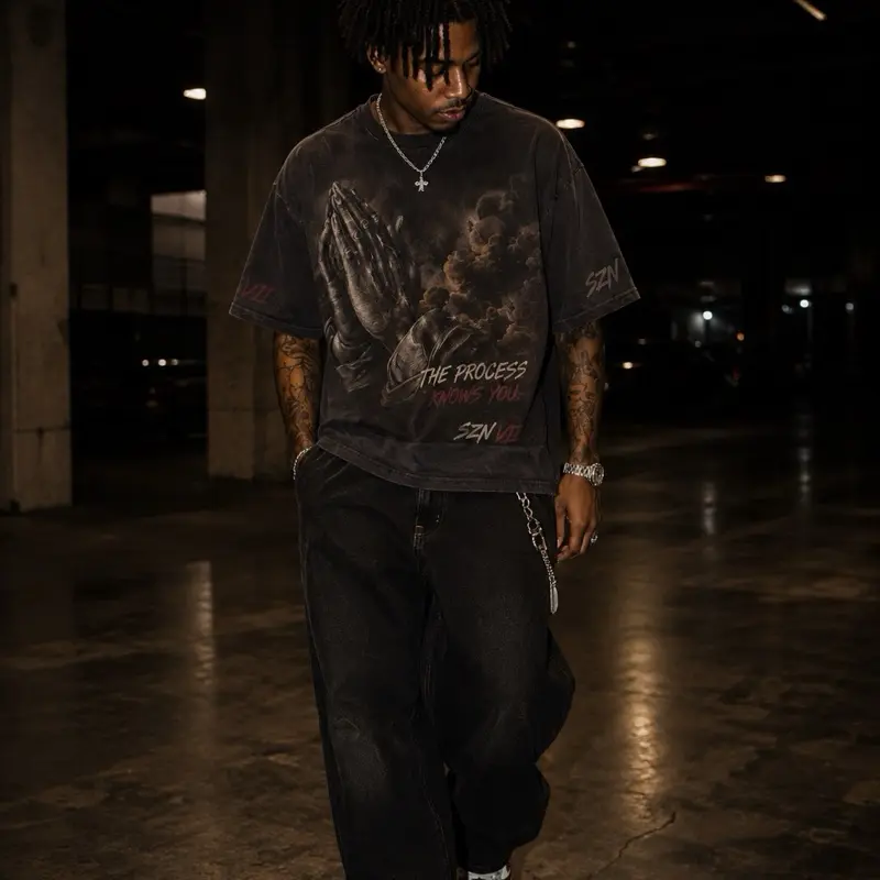 SZN VII Washed Oversized Graphic T-Shirt with "Trust the Process" Print