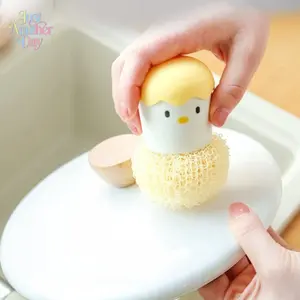 Cute Chick Yellow Eggshell Cleaning Brush with 5 Replacement Balls, Nano Fiber Scrubber Handle, No-Scratch, No-Shedding Camping Picnic Kitchen Gadget for Pots, Pans, Yellow Brush + 5 Replacement Balls