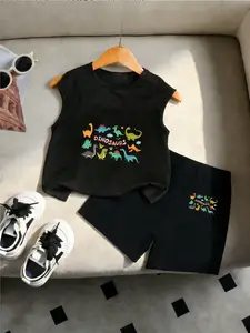 Summer Boys Sleeveless Top Vest + Comfortable Loose Jogger Pants, Cartoon Dinosaur Print, Breathable Sweat-Absorbing, Ideal Gift for Kids