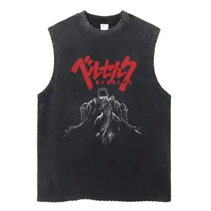 Berserk Guts Vintage Washed Tank Top, Gym Essential, Vintage Casual Crewneck Short Sleeves Menswear T-shirt Classic Cotton Fabric Streetwear