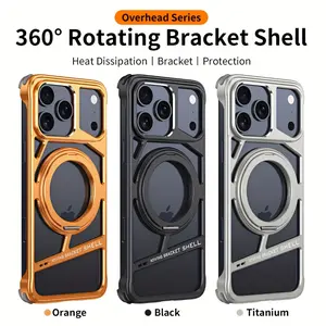 Premium Case for iPhone 17 Pro Max Aluminum Metal Cover with Magnetic Ring 360° Rotating Kickstand Slim Frameless Design 4 Corner Drop Protection Adjustable Phone Stand Orange Shell Golden