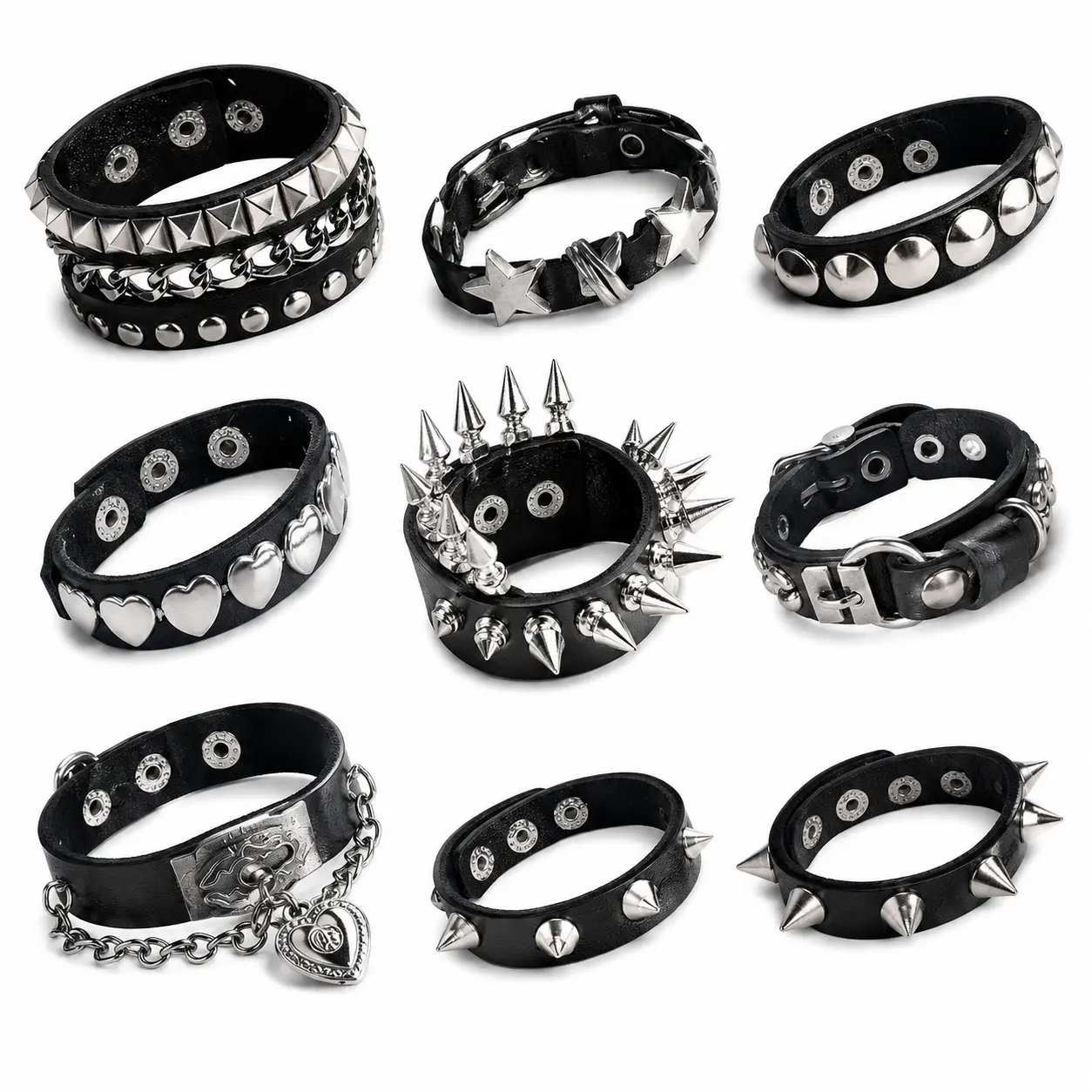 Women's 9-Pack Studded Punk Bracelet Jewelry, Black PU Leather Gothic Cuff Bangles, Adjustable Fashion Jewelry for Men, Halloween Cosplay Accessories, Cuff Bangles Bracelets