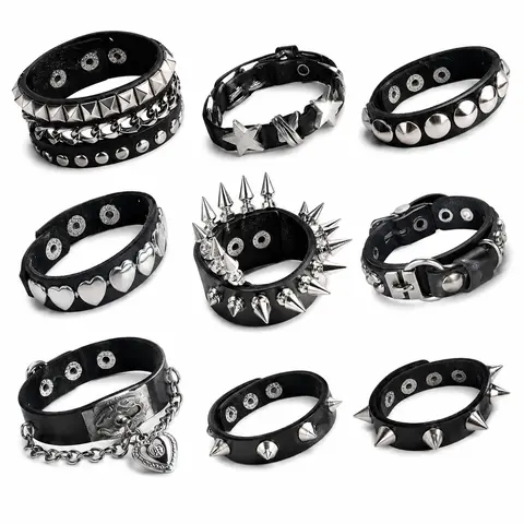 Women's 9-Pack Emo Studded Punk Cuff Bracelet Set - Black Faux-Leather Adjustable Safety Bracelets, Halloween-Ready Emo Stuff, Goth & Alternative Fashionable Jewelry Accessories for Cosplay