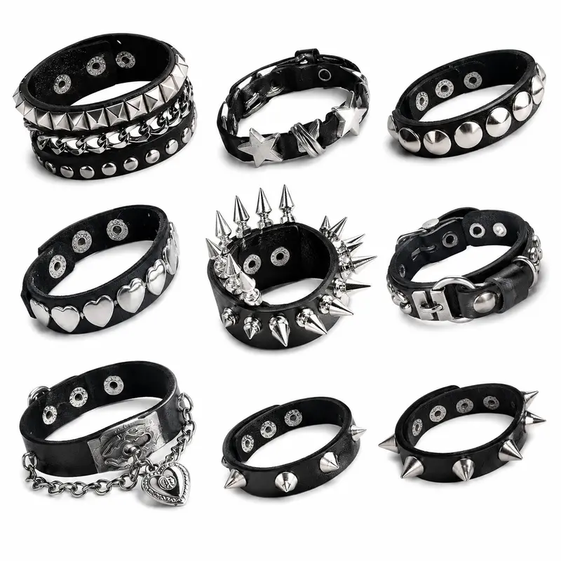 Women's 9-Pack Emo Studded Punk Cuff Bracelet Set - Black Faux-Leather Adjustable Safety Bracelets, Halloween-Ready Emo Stuff, Goth & Alternative Fashionable Jewelry Accessories for Cosplay