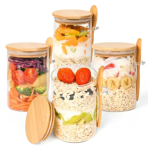 4-Pack 16oz Airtight Glass Canister Jars with Bamboo Lids & Spoons - Reusable Anti-Leak Kitchen Food Storage Kit for Airtight Meal Prep, Portion Control (Containers for Food, Meal Prep Ideas Included)