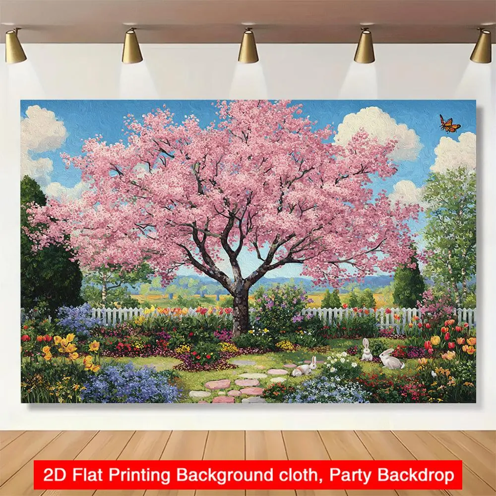 2D Flat, 2D Flat - 2D Flat, 2D Flat - A 2D Flat Banner Featuring a Cherry Blossom Garden Adorned with Rabbits And Butterflies, Perfect As a Spring Flower Bed Backdrop for Photography at Garde, Multicolor Print, Photo Backdrops,summerwins