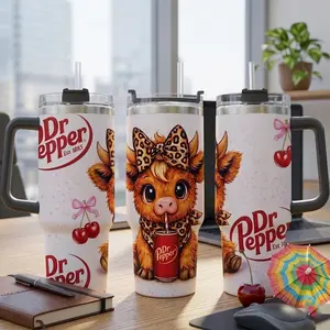 Dr-Pep-per Cow 40oz Tumbler, Cute Highland Cow Cherry Bow Cup, Soda Lover Insulated Travel Mug Gift For Her