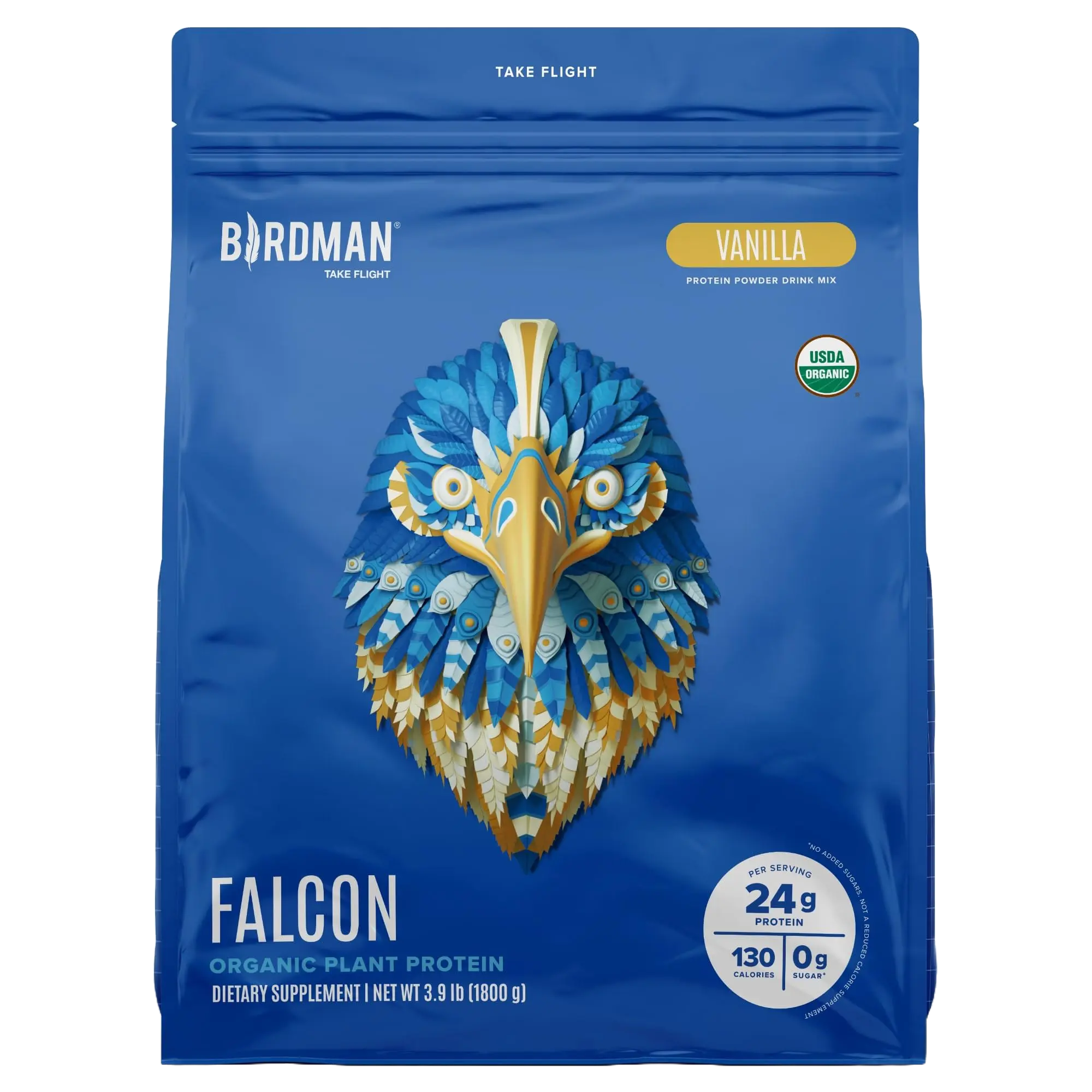 Birdman Falcon Protein Plant-Based Powder Vanilla Flavor 3.9lbs Organic Vegan Dairy-Free Soy-Free Cholesterol-Free 23g Pea Protein per Serving Enhances Digestion & Absorption Ideal for Fitness & Wellness