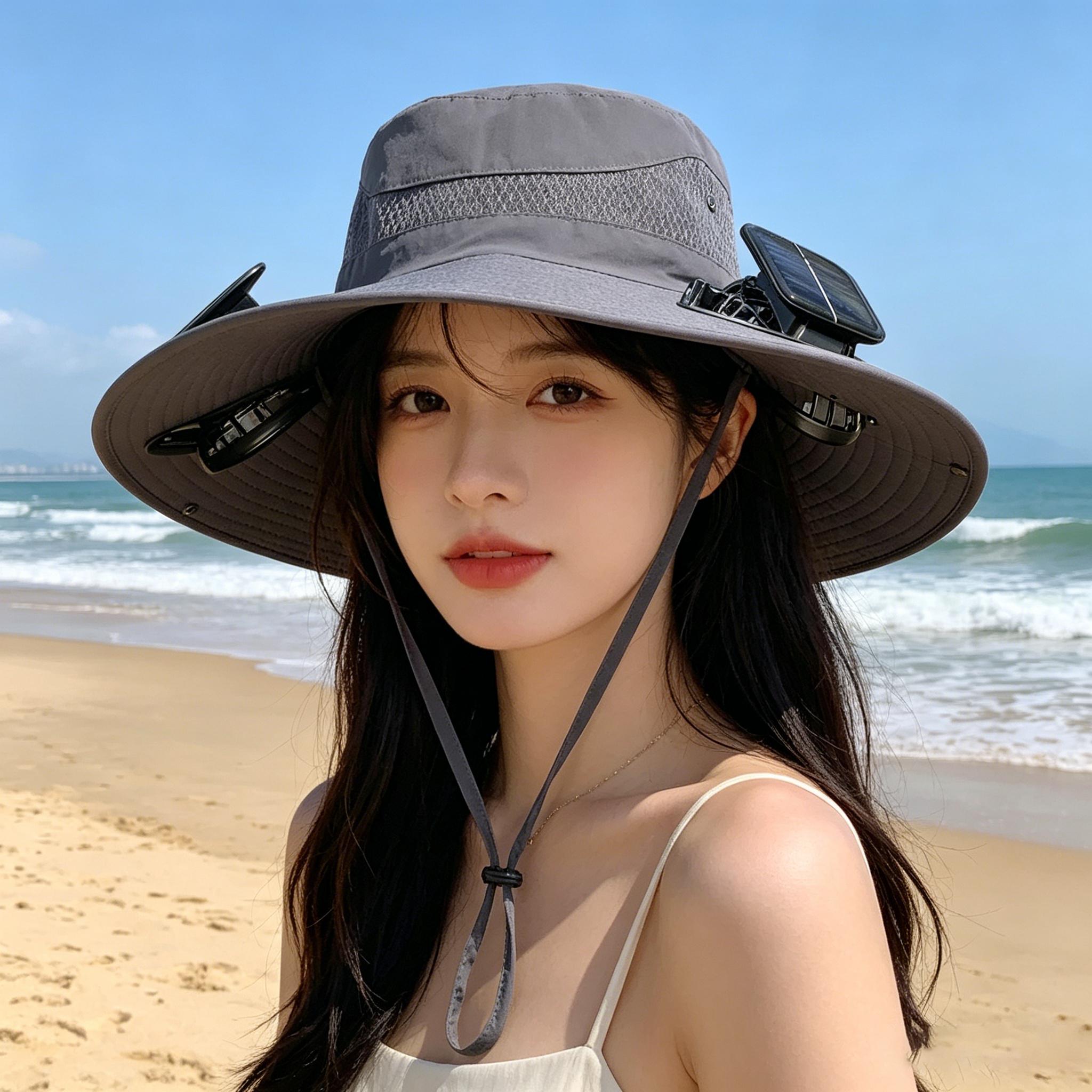 DX sport Solar fan hat Mens Wide Brim Solar Fan Hat Outdoor 50+Upf Protection Sun Hats With 2 Solar Fan Hiking Fishing Solar Powered Visor Cap Dropping