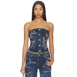 OW Collection Nova Embellished Denim Top in Dark Wash Denim