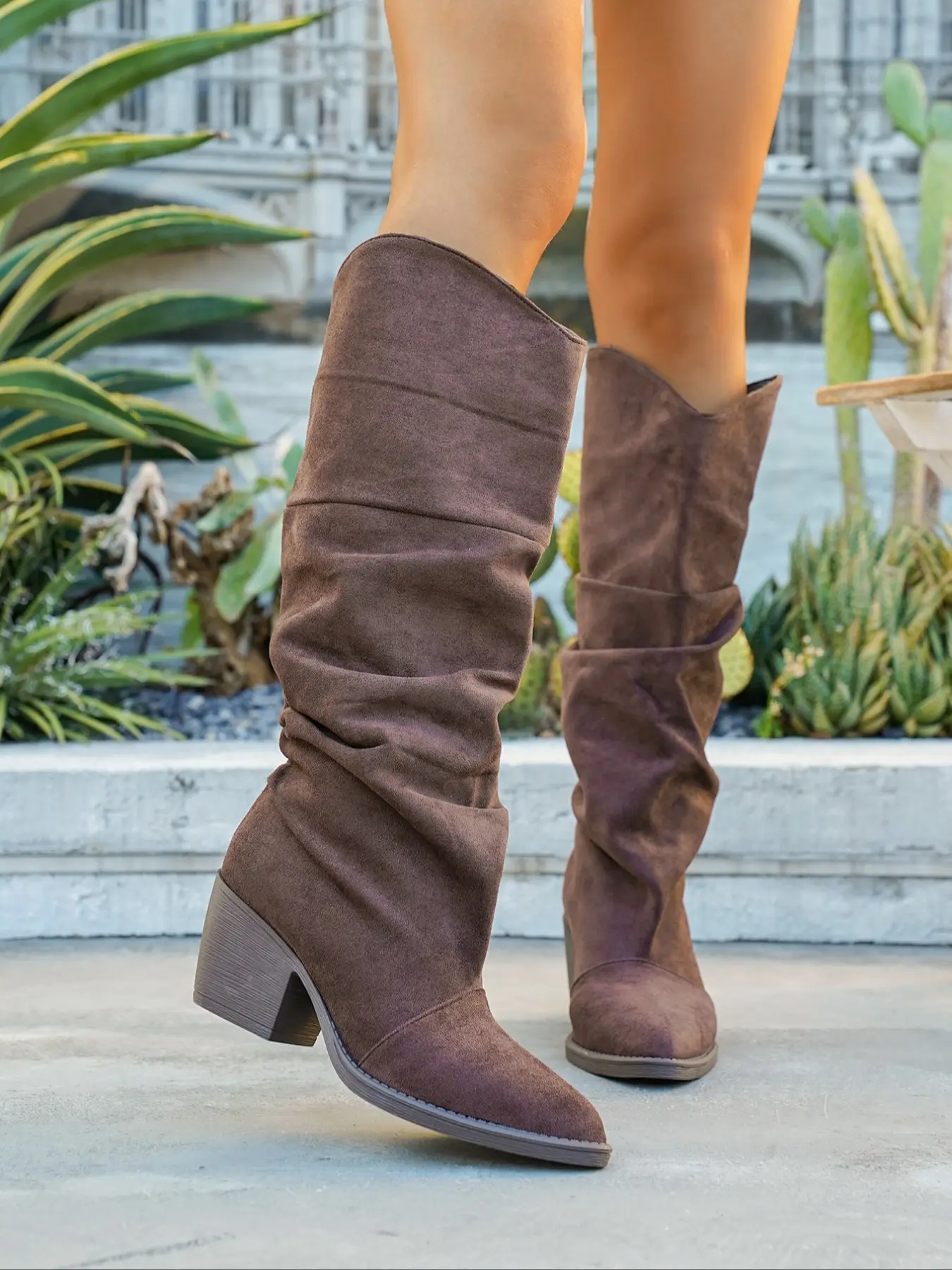 Women's Ruched Boots, Suede Material, Loose Fit Comfort, Elegant Knee-High Boot, Stable Thick Heel, Fall Winter Fashion Essential, Thick Heeled Boots