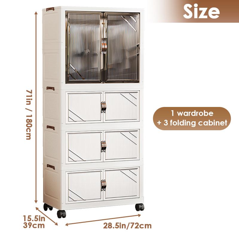 Portable Closet Wardrobe, Folding Storage Bins with Lid, Closet Organizers and Storage, Stackable Storage Box with Hanging Rod and Doors, Collapsible Plastic Clothes Cabinet with Wheels