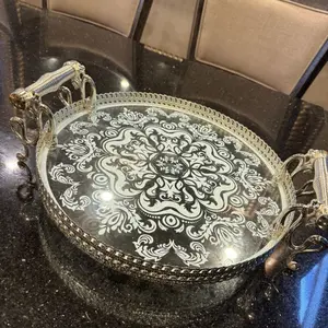 Decorative Table Tray with Intricate Silver Filigree Design and Ornate Handles for Elegant Glass Table Settings