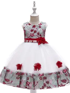 Girl's Floral Embroidery Beaded Big Bow Party Floral Print Dress