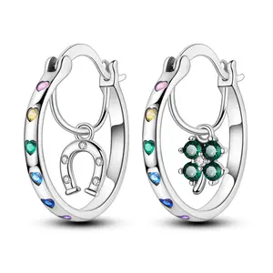 MULA Silver-Plated Asymmetrical Earrings with 4-Leaf Clover & Horseshoe, Lucky Charms Fashion Costume Jewelry, Ideal Gift for Women for Birthday, Anniversary