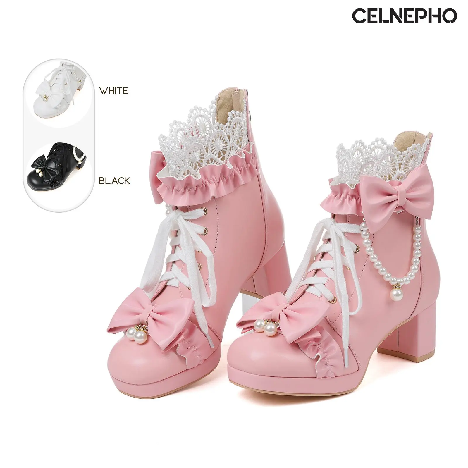 CELNEPHO Ankle Boots for Women Round Toe Chunky Block Heel Fashionable Pearl Chain Back Zipper Lace up Goth Boot Easy Slip on Cute Bow Tie Design Party Wedding Cosplay Kawaii Trendy Dress Shoes