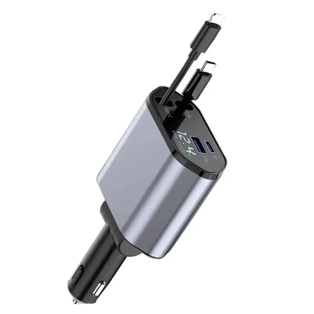 4 In 1 Car Charger, Multifunctional USB PD Car Charger with Digital Display, Car Charger with Retractable Cable