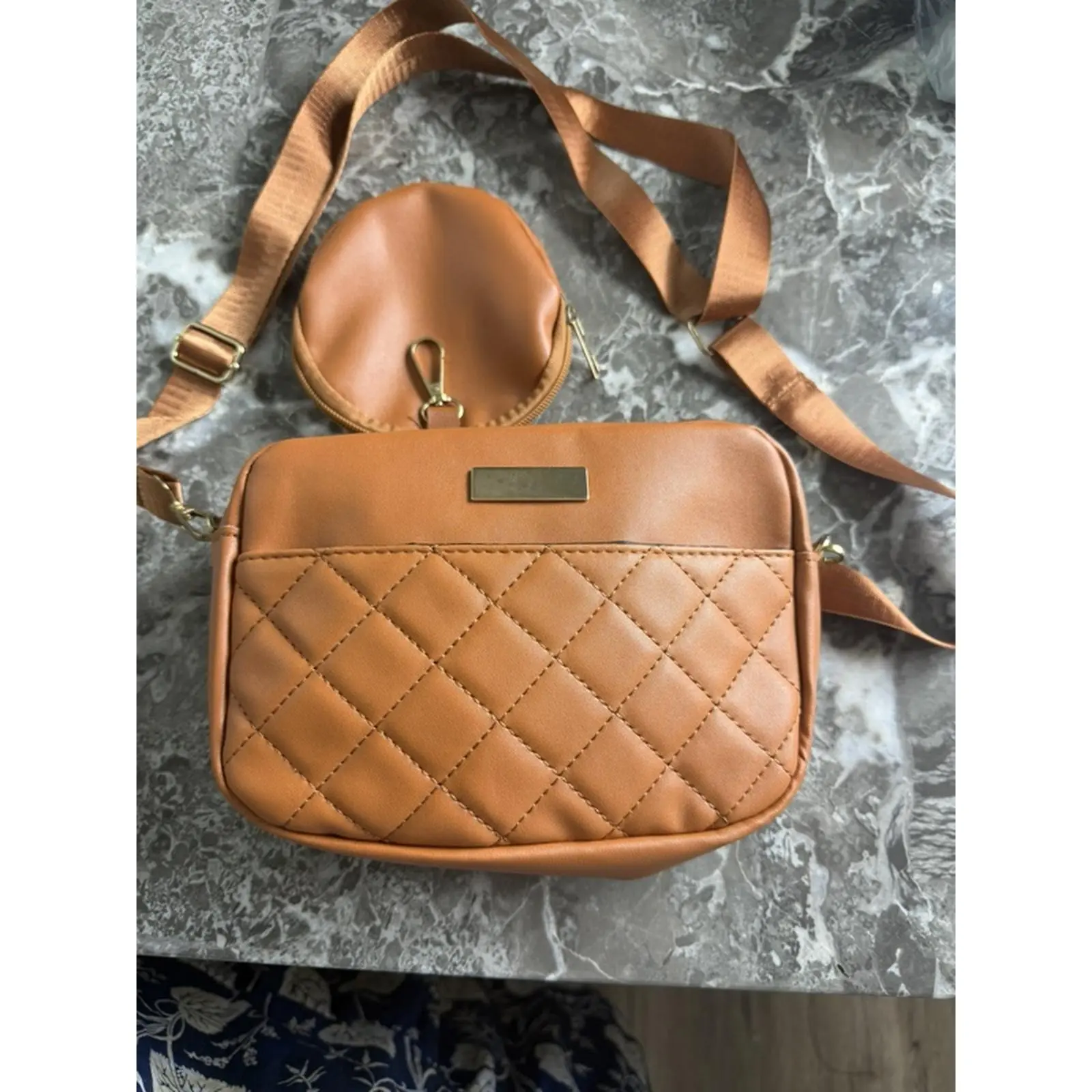 Quilted Tan Crossbody Bag with Adjustable Strap and Small Round Accessory