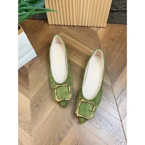 Olive Metal Buckle Low Heel Flats, Vintage Style Suede Shoes, Comfortable All-Season Footwear, Perfect for Casual Ballet Flats
