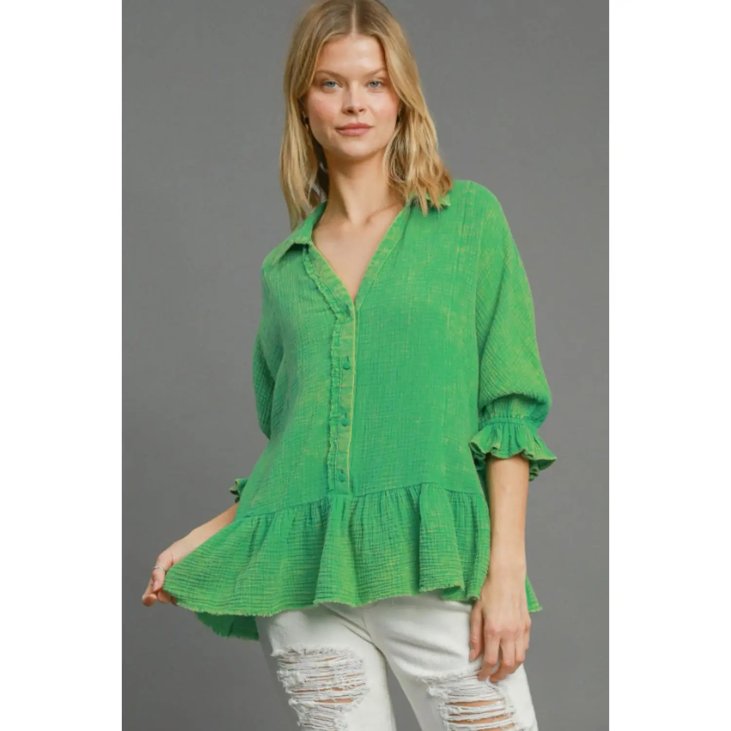 Umgee Full Size Mineral Washed Cotton Gauze Top Plus Size