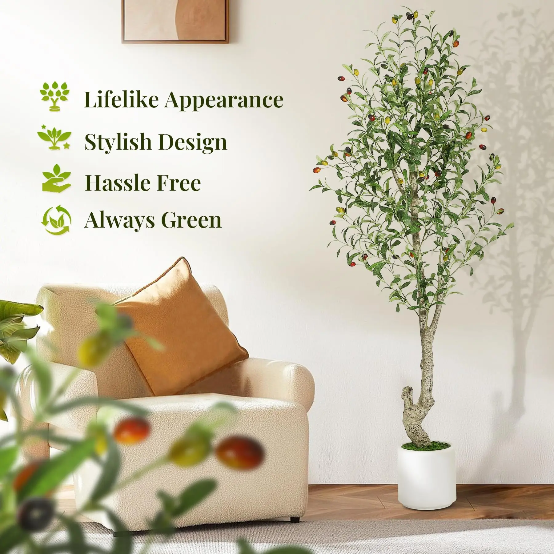【GARVEE】Realistic Tall Artificial Olive Tree with White Planter & Green Moss – Lifelike Faux Olive Trees for Indoor Home, Living Room, Bedroom, Office – Maintenance-Free Potted Fake Plant – 5ft or 6ft, 1 or 2 Pack