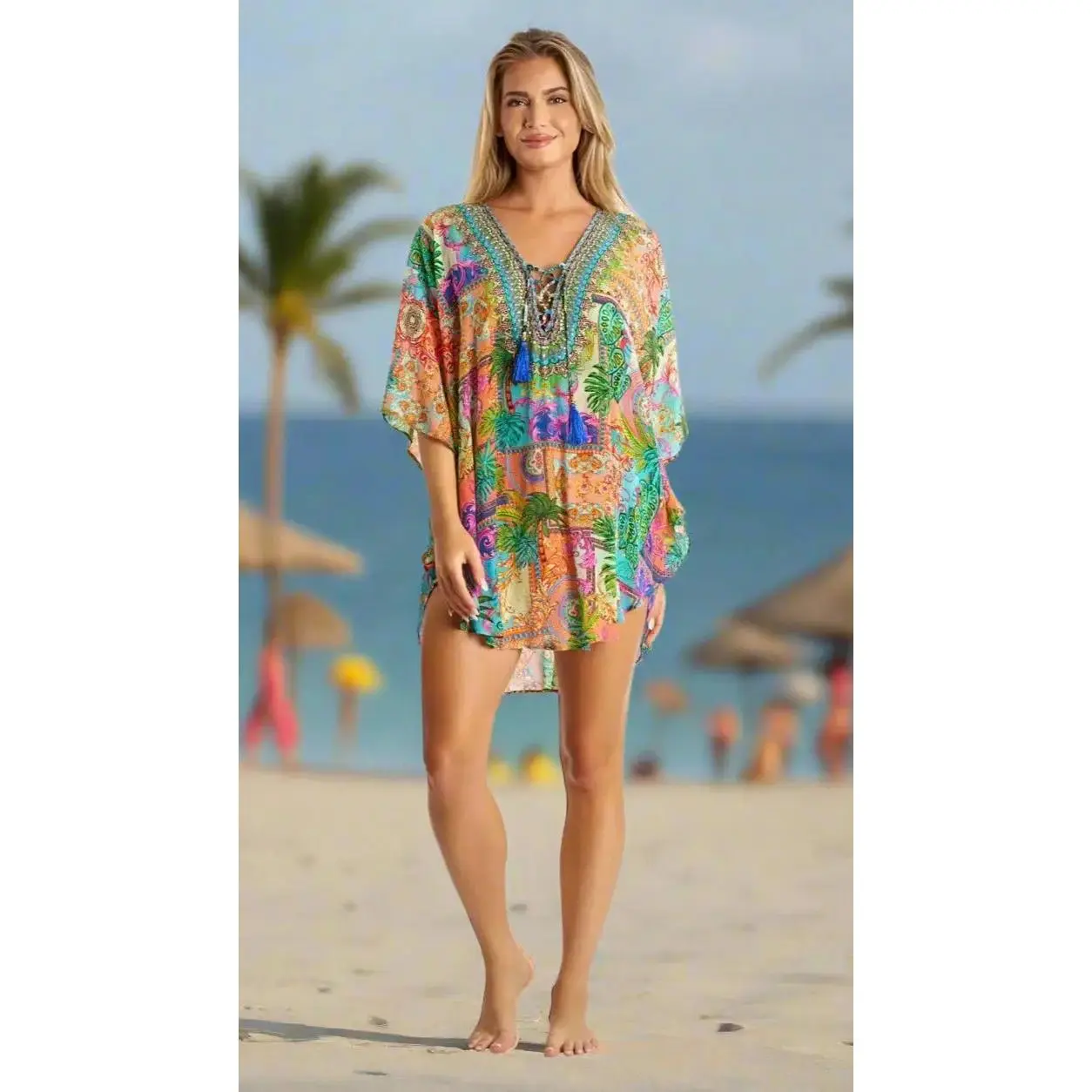 Silk Caftan with Rhinestone Neckline