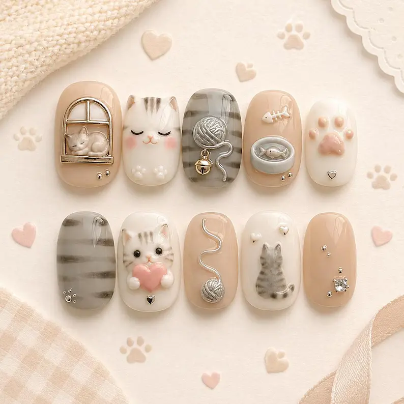 Cat Lover 3D Press-On False Nails Set - Handmade Nail Art Decorations with Kittens, Paw Prints, Yarn Balls, Fish Bowls, Hearts